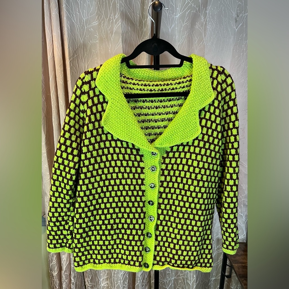 Vibrant Green and Brown Knit Cardigan